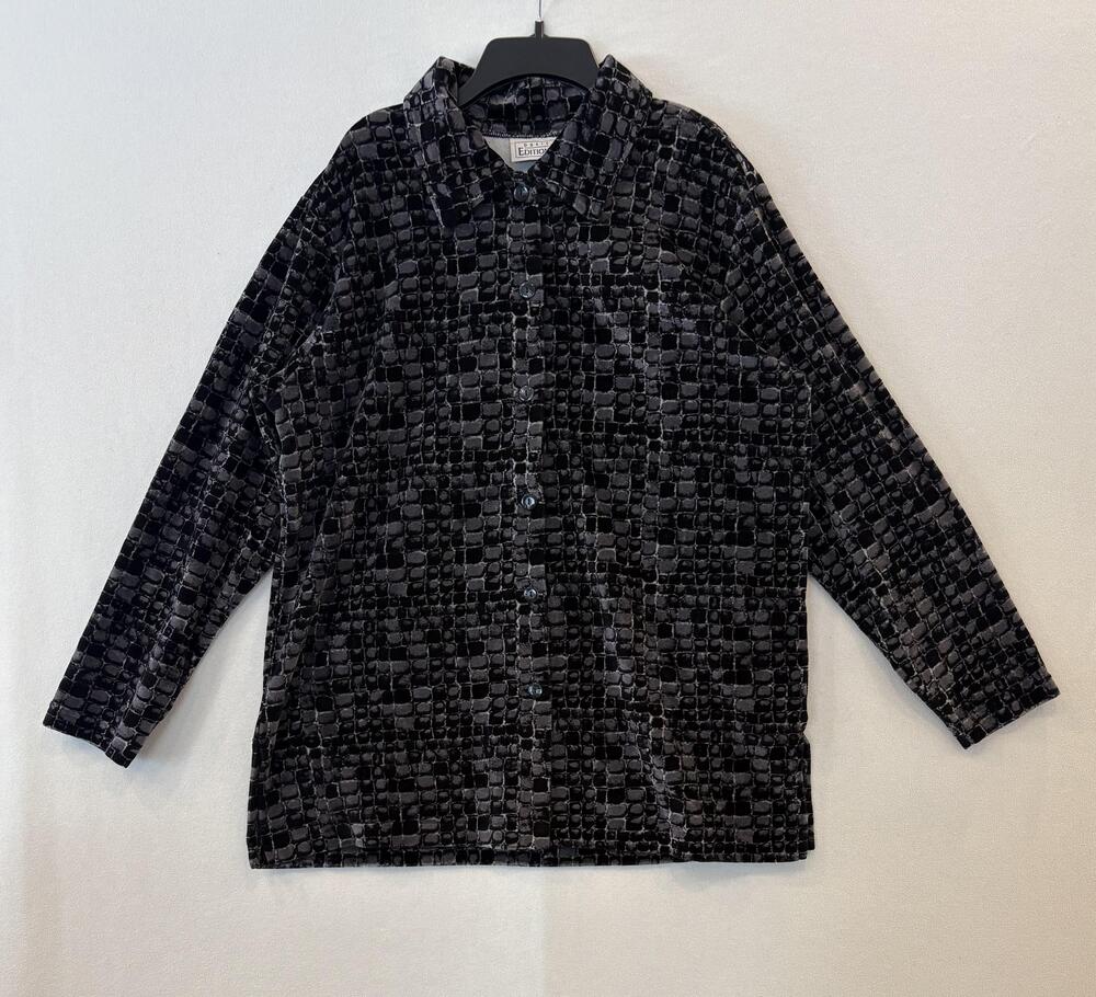 Basic Editions Shirt Womens Large Black Geometric Velour Button Up Long Sleeve